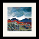 Art print by Lake District artist Libby Edmondson of Gable from Fleetwith a moody sky contrasts with the bright red ground below behind a stone wall