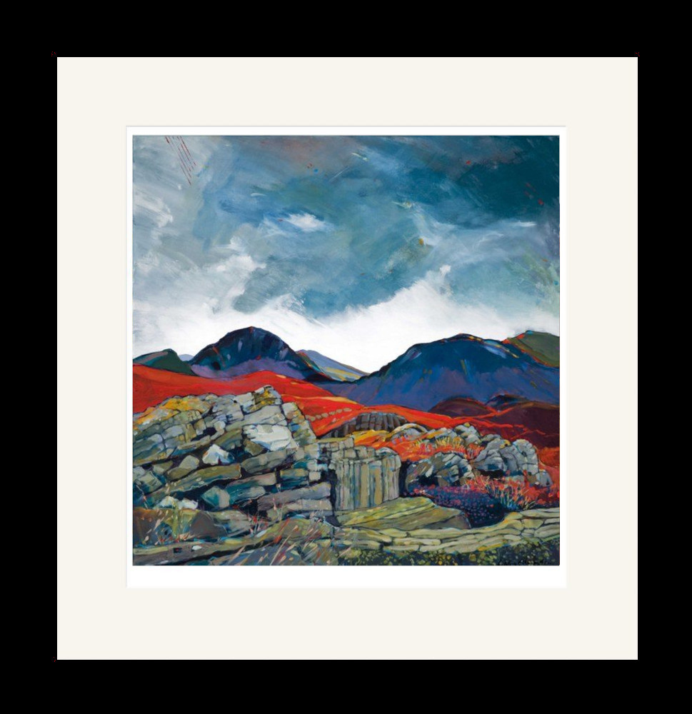 Art print by Lake District artist Libby Edmondson of Gable from Fleetwith a moody sky contrasts with the bright red ground below behind a stone wall