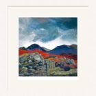 Art print by Lake District artist Libby Edmondson of Gable from Fleetwith a moody sky contrasts with the bright red ground below behind a stone wall