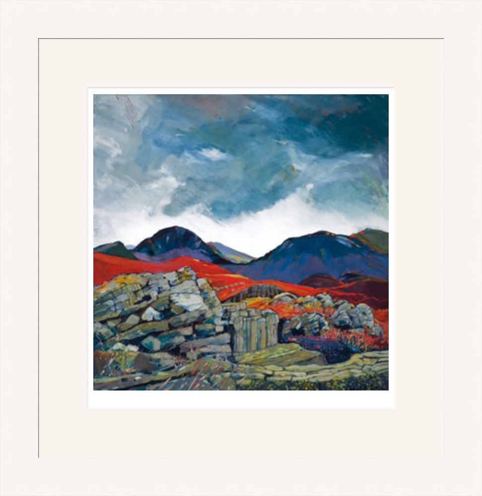 Art print by Lake District artist Libby Edmondson of Gable from Fleetwith a moody sky contrasts with the bright red ground below behind a stone wall