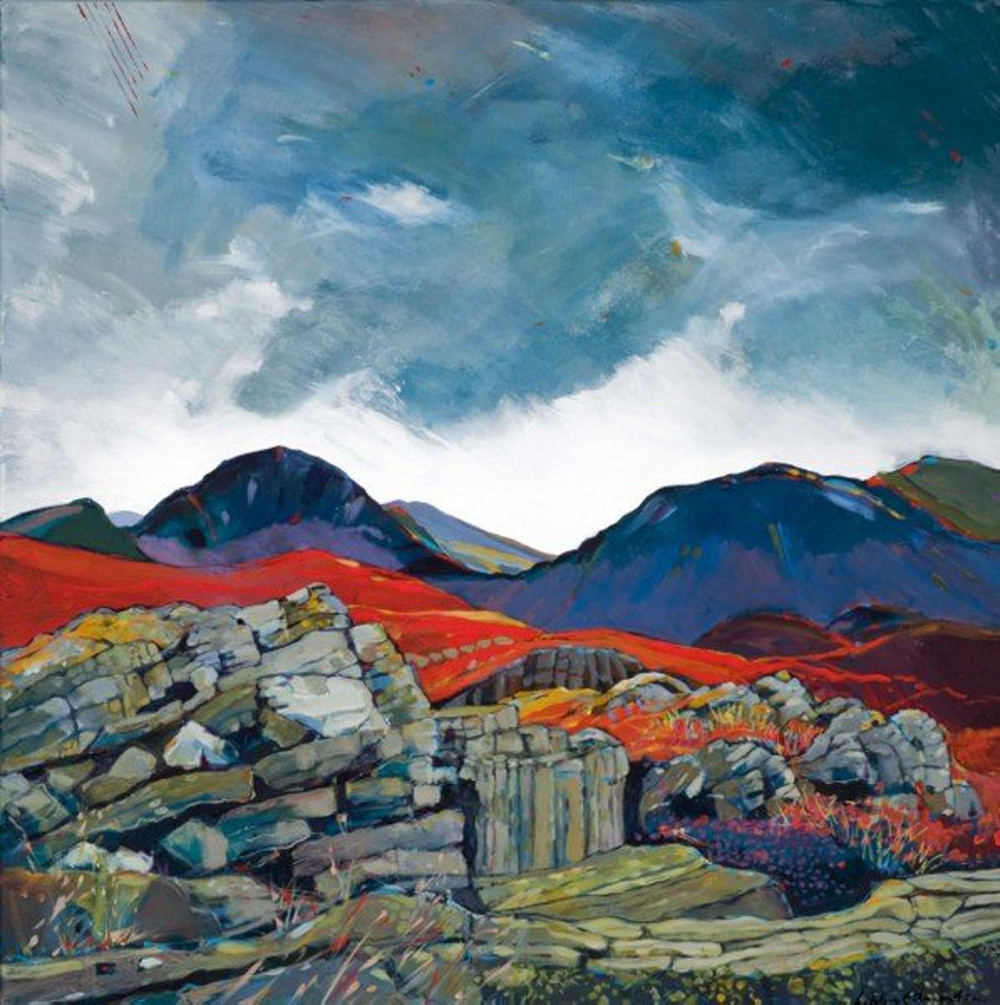 Gable from Fleetwith by Libby Edmondson Art print by Lake District artist Libby Edmondson of Gable from Fleetwith a moody sky contrasts with the bright red ground below behind a stone wall