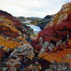 Art print by Lake District artist Libby Edmondson of Going to Haystacks featuring Buttermere and Crummock water in the distance in autumn earthy tones