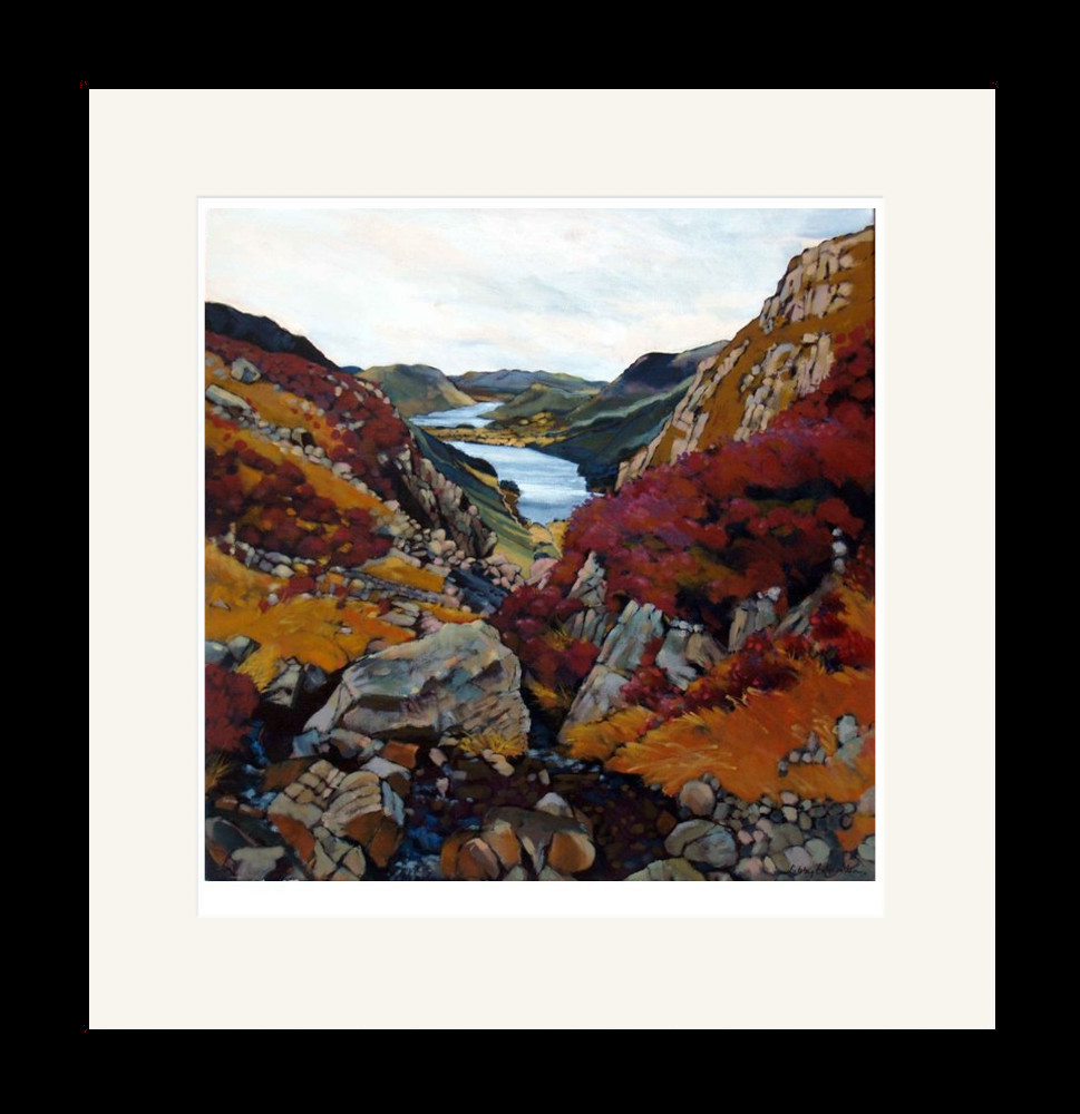 Art print by Lake District artist Libby Edmondson of Going to Haystacks featuring Buttermere and Crummock water in the distance in autumn earthy tones
