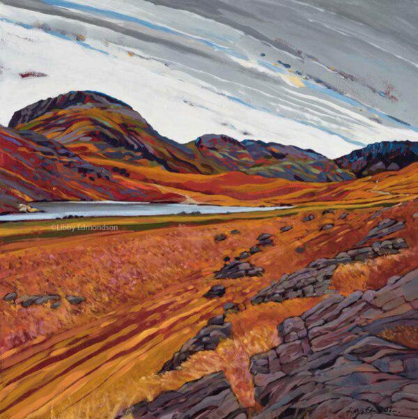 Art print by Lake District artist Libby Edmondson of Great End from Sty Head. Autumnal colours overlook Styhead Tarn near to scafell and wasdale