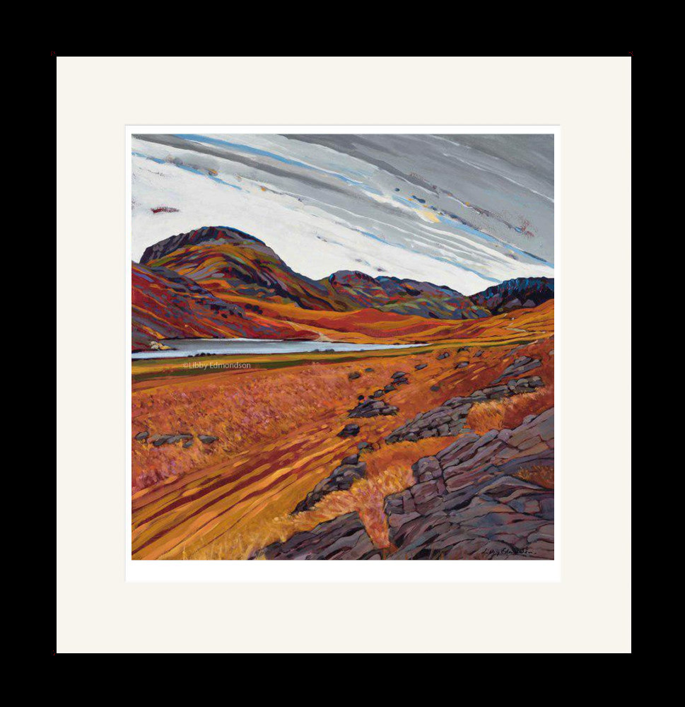 Art print by Lake District artist Libby Edmondson of Great End from Sty Head. Autumnal colours overlook Styhead Tarn near to scafell and wasdale