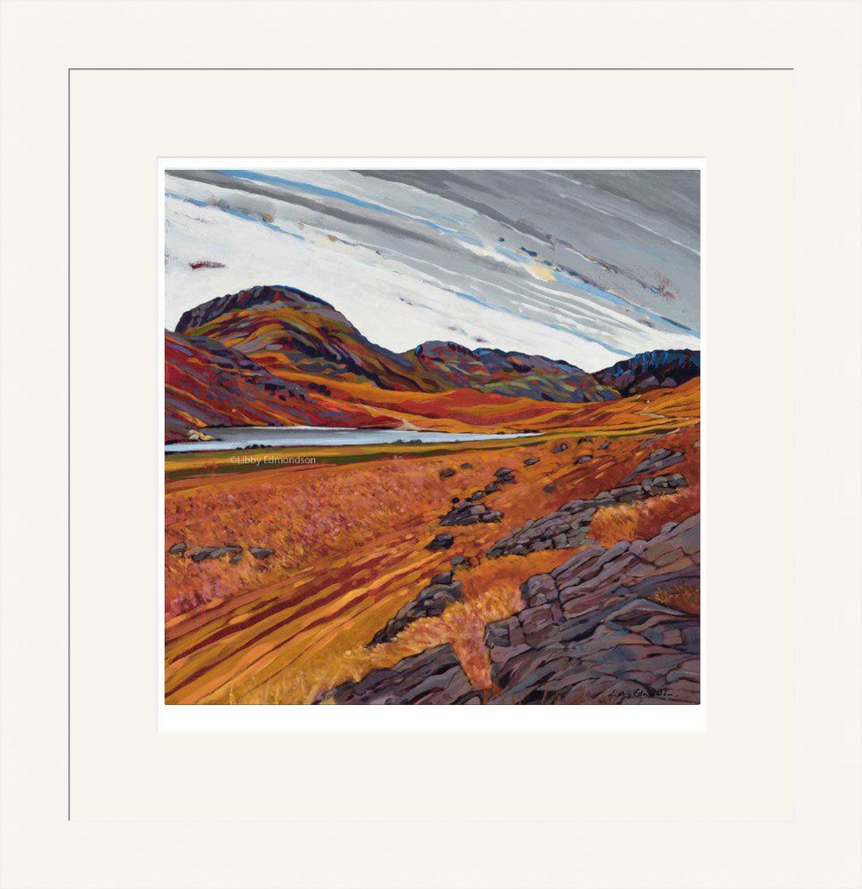 Art print by Lake District artist Libby Edmondson of Great End from Sty Head. Autumnal colours overlook Styhead Tarn near to scafell and wasdale