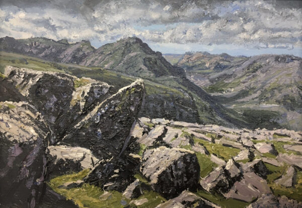 lake district art original oil painting by local artist simon whitfield great gable summit in wasdale looking towards pillar fell
