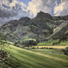 lake district art original oil painting by local artist simon whitfield great langdale in high summer looking from valley to iconic pikes in lush greens
