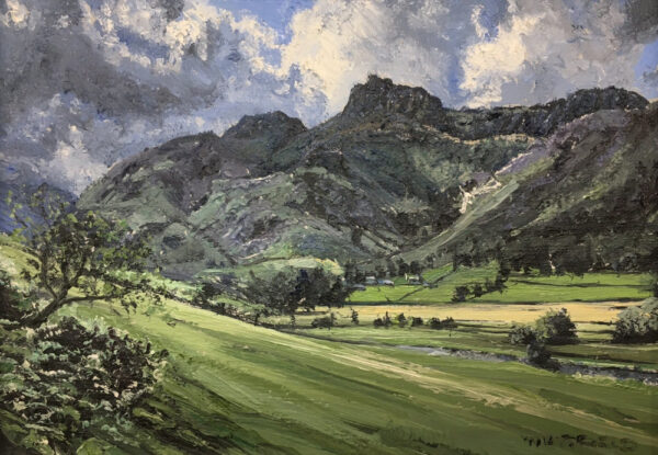 lake district art original oil painting by local artist simon whitfield great langdale in high summer looking from valley to iconic pikes in lush greens