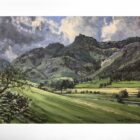 lake district art original oil painting by local artist simon whitfield great langdale in high summer looking from valley to iconic pikes in lush greens