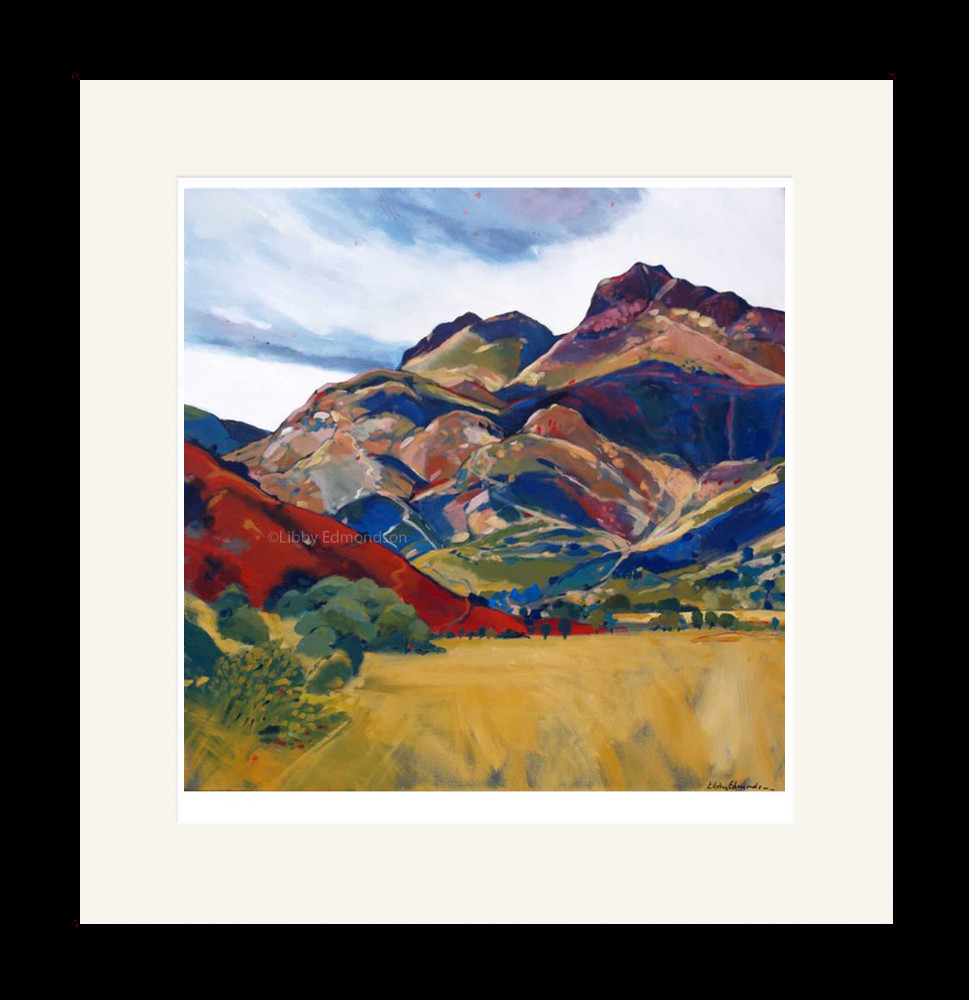 Art print by Lake District artist Libby Edmondson of Harrison Stickle. View of the pikes from great langdale valley floor