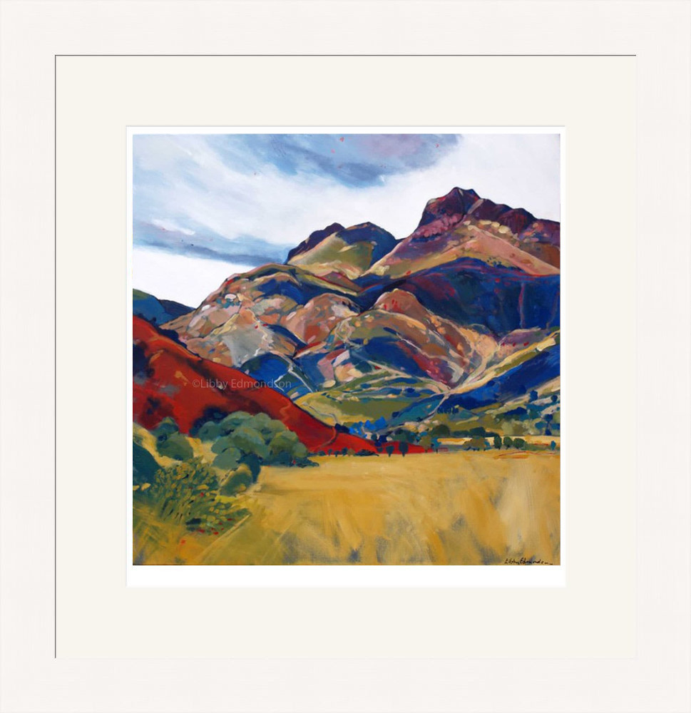 Art print by Lake District artist Libby Edmondson of Harrison Stickle. View of the pikes from great langdale valley floor
