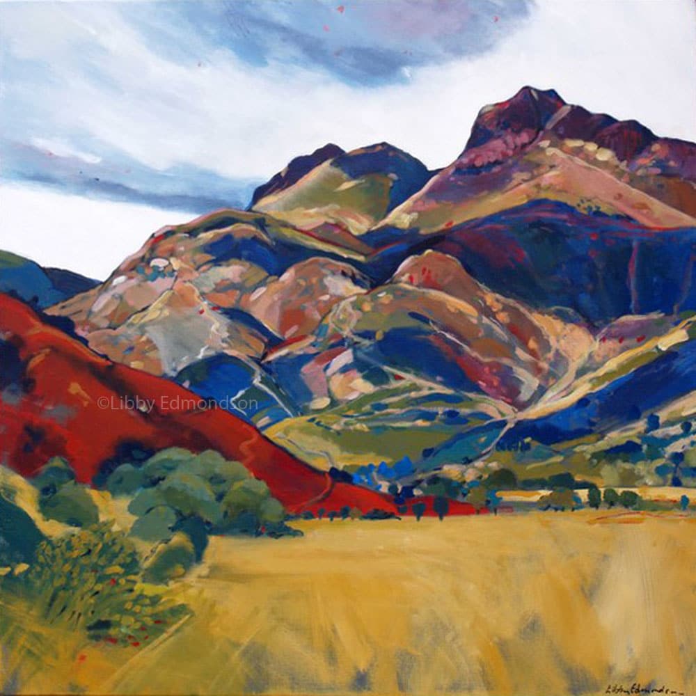Harrison Stickle by Libby Edmondson Art print by Lake District artist Libby Edmondson of Harrison Stickle. View of the pikes from great langdale valley floor