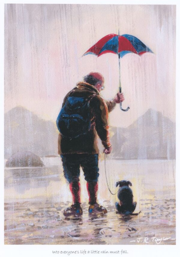 Lake District art by Jim Taylor. Art print featuring an old man and his dog on their Lakeland travels. A sweet and funny story in the rain.