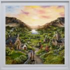 Lake District art original acrylic painting by Caroline Deighton. It Rings a bell. Couple walking dog through countryside village with mountains lake and church