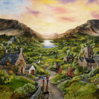 Lake District art original acrylic painting by Caroline Deighton. It Rings a bell. Couple walking dog through countryside village with mountains lake and church