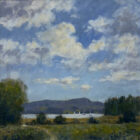 Lake District art original oil painting by Jeff Sudders. A Summer Sky at Waterhead. Blue sky and clouds overlook lake windermere from ambleside
