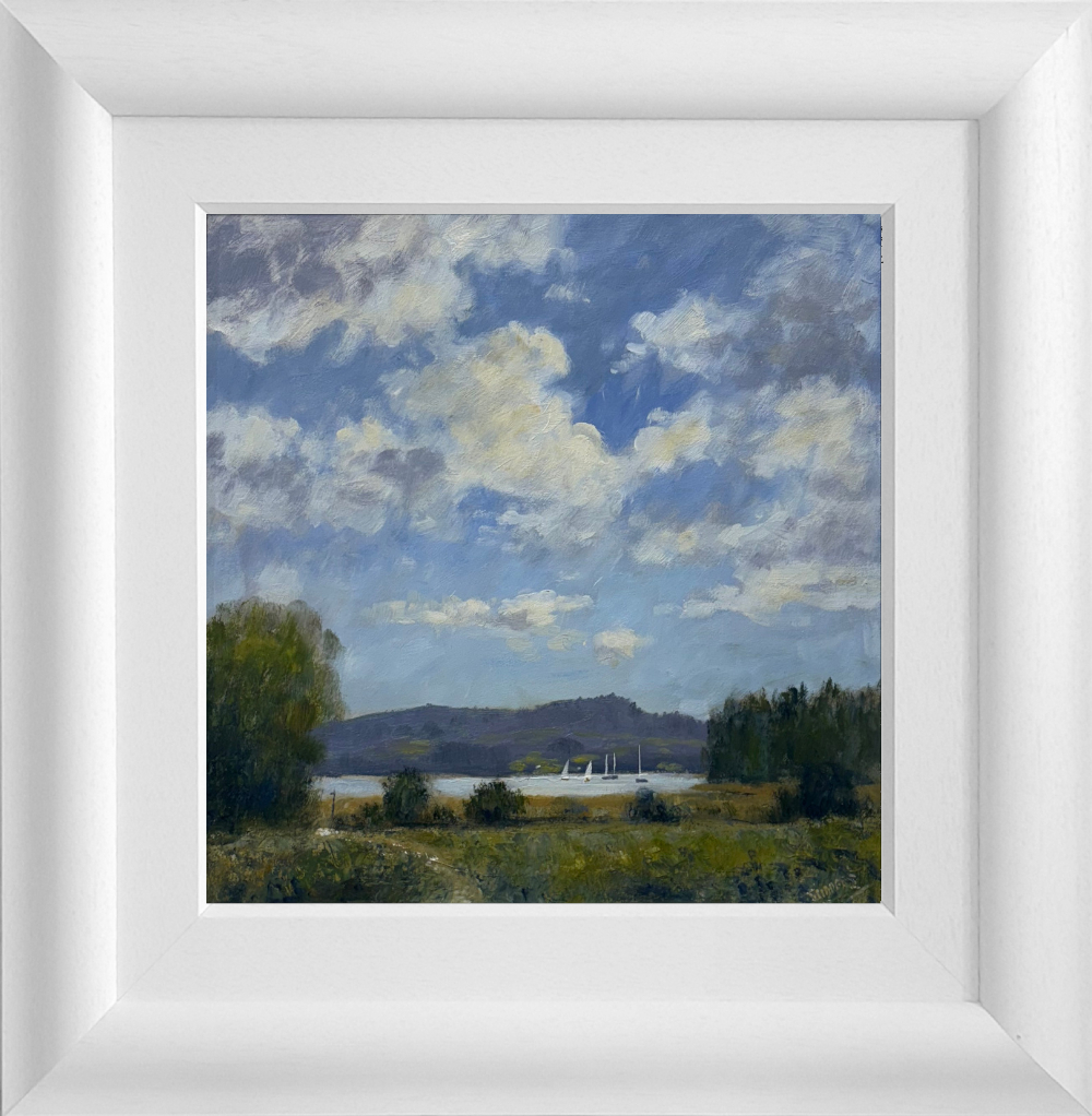 Lake District art original oil painting by Jeff Sudders. A Summer Sky at Waterhead. Blue sky and clouds overlook lake windermere from ambleside