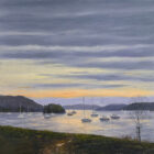 lake district art original oil painting by local artist Jeff Sudders. An Evening at Cockshot point. sunset dusk light fading over lake windermere sail boats from bowness