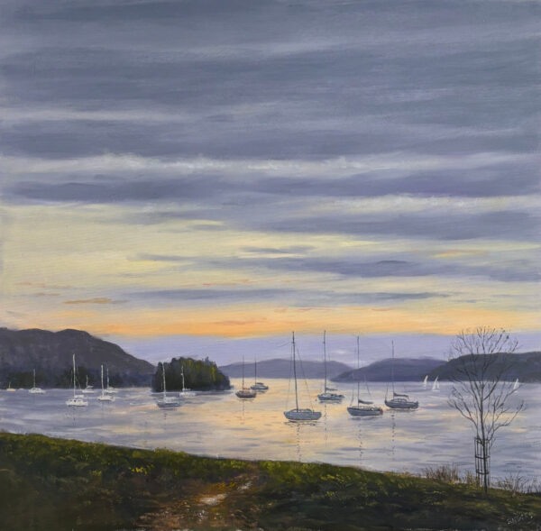 lake district art original oil painting by local artist Jeff Sudders. An Evening at Cockshot point. sunset dusk light fading over lake windermere sail boats from bowness