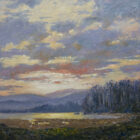 Lake District art original oil painting by Jeff Sudders. Last Light at Waterhead. Sunset dusk overlooking lake windermere towards fells