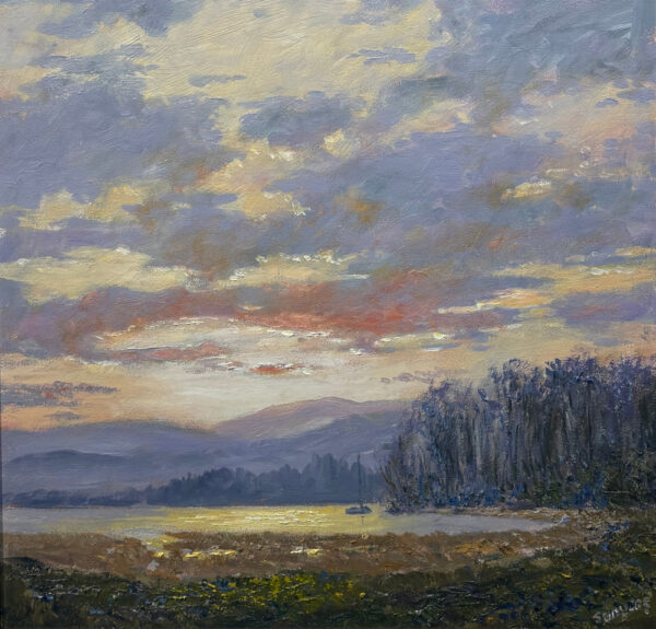 Lake District art original oil painting by Jeff Sudders. Last Light at Waterhead. Sunset dusk overlooking lake windermere towards fells