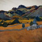 Art print by Lake District artist Libby Edmondson of Langdale Boulder 2009. Autumnal colours from great langdale valley looking towards iconic pikes