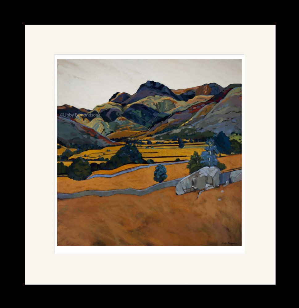 Art print by Lake District artist Libby Edmondson of Langdale Boulder 2009. Autumnal colours from great langdale valley looking towards iconic pikes