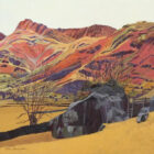 Art print by Lake District artist Libby Edmondson of Langdale Boulder II featuring the langdale pikes and valley in earthy autumn tones