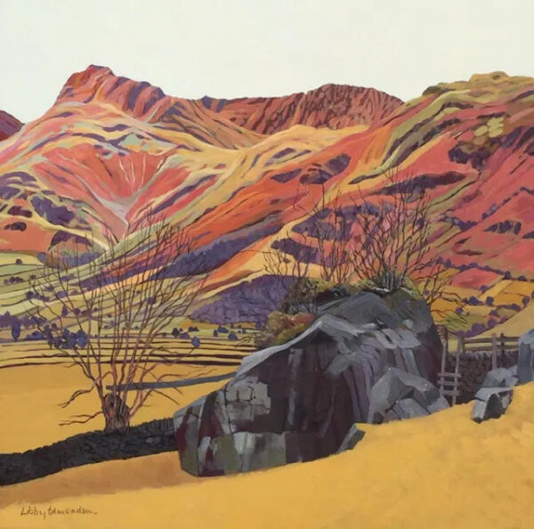 Art print by Lake District artist Libby Edmondson of Langdale Boulder II featuring the langdale pikes and valley in earthy autumn tones
