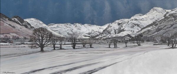 Lake District art by Libby Edmondson. Langdale Snow’ 2019 A limited edition print. Featuring the langdale valley on a winter day with bare trees and the langdale pikes