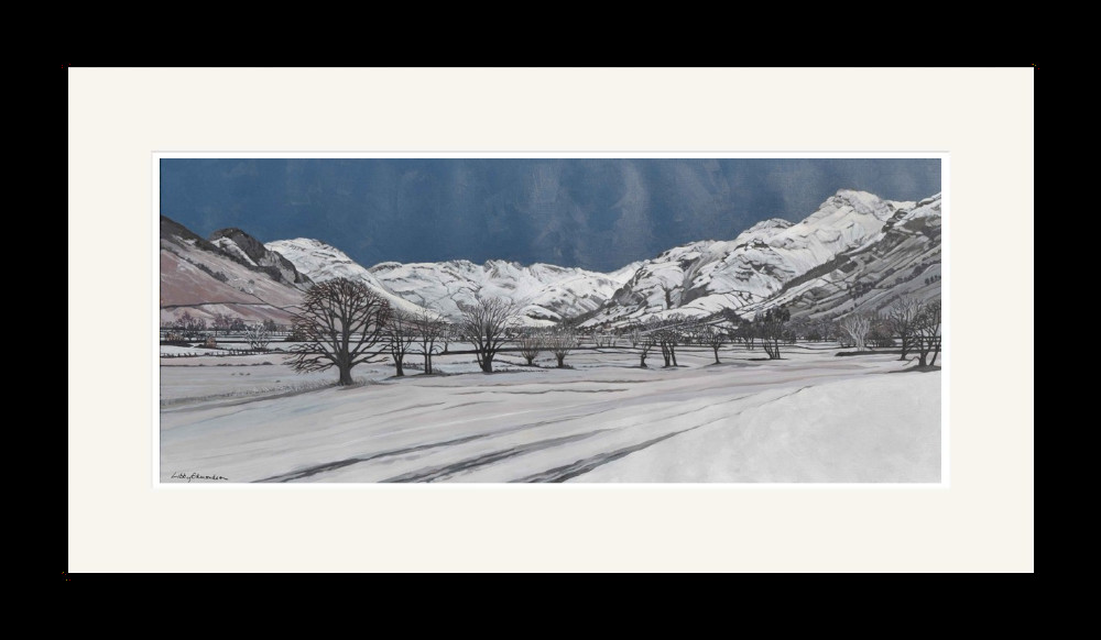 Lake District art by Libby Edmondson. Langdale Snow’ 2019 A limited edition print. Featuring the langdale valley on a winter day with bare trees and the langdale pikes