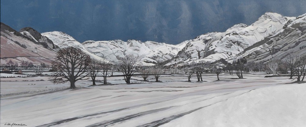 Langdale Snow by Libby Edmondson Lake District art by Libby Edmondson. Langdale Snow’ 2019 A limited edition print. Featuring the langdale valley on a winter day with bare trees and the langdale pikes