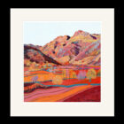 Art print by Lake District artist Libby Edmondson of Langdale Plain II featuring the langdale pikes from the valley in bright red peach orange autumn tones