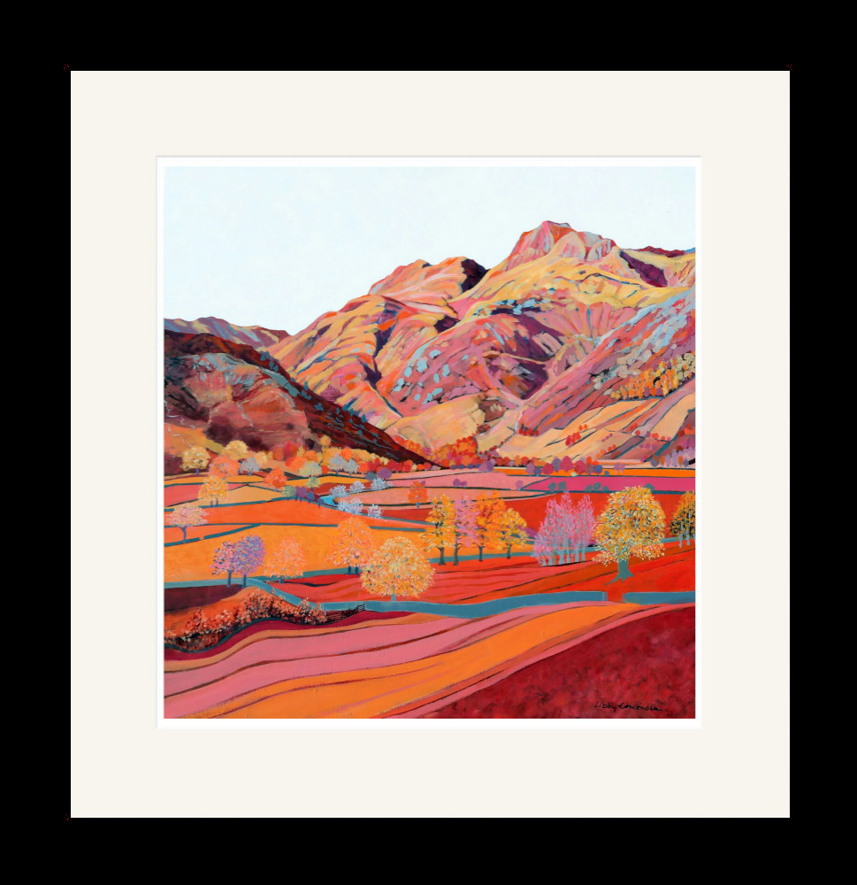 Art print by Lake District artist Libby Edmondson of Langdale Plain II featuring the langdale pikes from the valley in bright red peach orange autumn tones