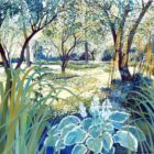 Art print by Lake District artist Libby Edmondson of Levens Orchard - a bright green summer scene full of trees and plants