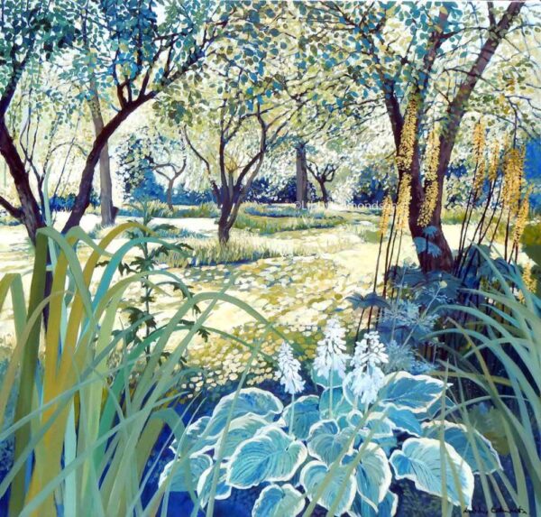 Art print by Lake District artist Libby Edmondson of Levens Orchard - a bright green summer scene full of trees and plants