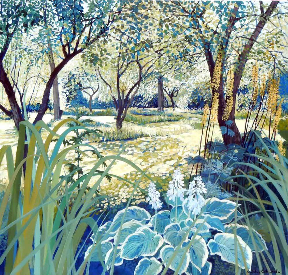 Levens Orchard by Libby Edmondson Art print by Lake District artist Libby Edmondson of Levens Orchard - a bright green summer scene full of trees and plants