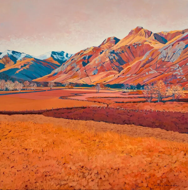 Art print by Lake District artist Libby Edmondson of Langdale Plain featuring the langdale pikes and valley in orange autumn tones