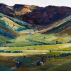 Art print by Lake District artist Libby Edmondson of Mickleden 2008 in bright green summer / spring tones