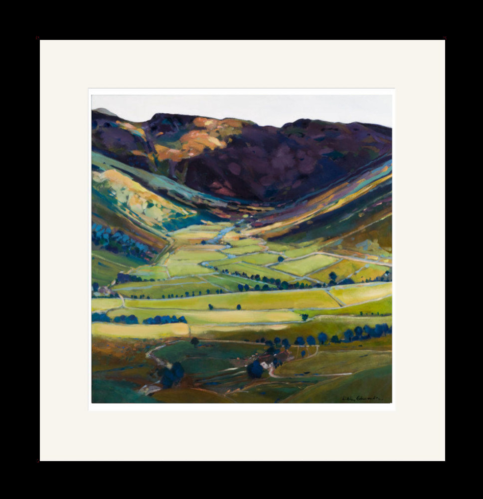 Art print by Lake District artist Libby Edmondson of Mickleden 2008 in bright green summer / spring tones