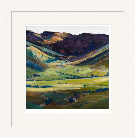Art print by Lake District artist Libby Edmondson of Mickleden 2008 in bright green summer / spring tones