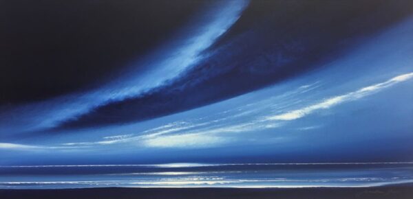 lake district art original acrylic painting an abstract landscape seascape by jonathan shaw with sweeping clouds in deep blue tones Midnight Blue Skies