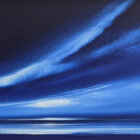 lake district art original acrylic painting by award winning artist jonathan shaw. Midnight skies a contemporary skyscape with big sweeping clouds. Deep dark blue colours used.
