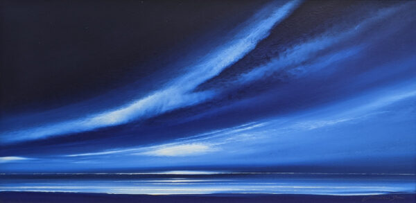 lake district art original acrylic painting by award winning artist jonathan shaw. Midnight skies a contemporary skyscape with big sweeping clouds. Deep dark blue colours used.