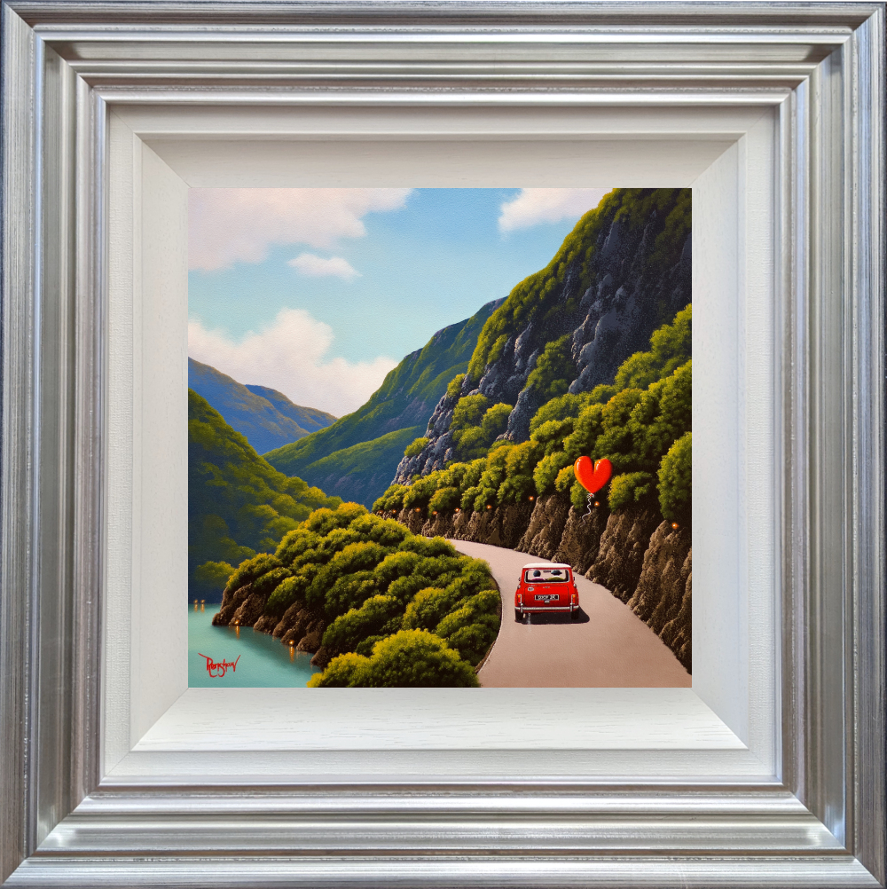 lake district art romantic original oil painting by david renshaw. Mini tour of the lakes with ted and doris roadtripping in mini cooper along waterside path and blue skies