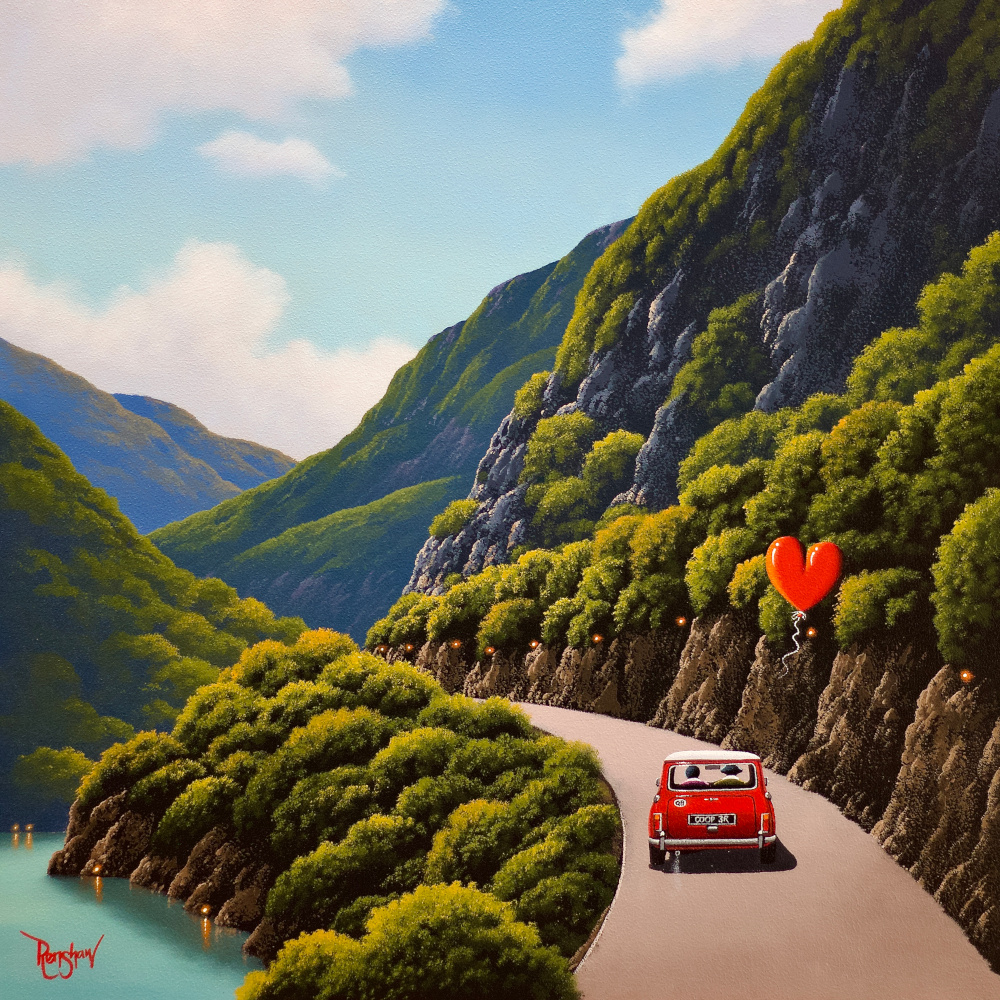 Mini Tour of the Lakes by David Renshaw lake district art romantic original oil painting by david renshaw. Mini tour of the lakes with ted and doris roadtripping in mini cooper along waterside path and blue skies