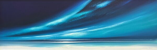 Lake District art original acrylic painting northern Skies by Jonathan Shaw of a dramatic skyscape in rich blue green light