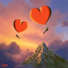 Lake District original art by David Renshaw featuring ted and doris with heart balloons in front of a large mountain and sunset.