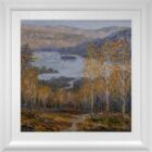 lake district art original oil painting by local artist Jeff Sudders Overlooking Rydal Water - looking from woodland path near loughrigg to water and island